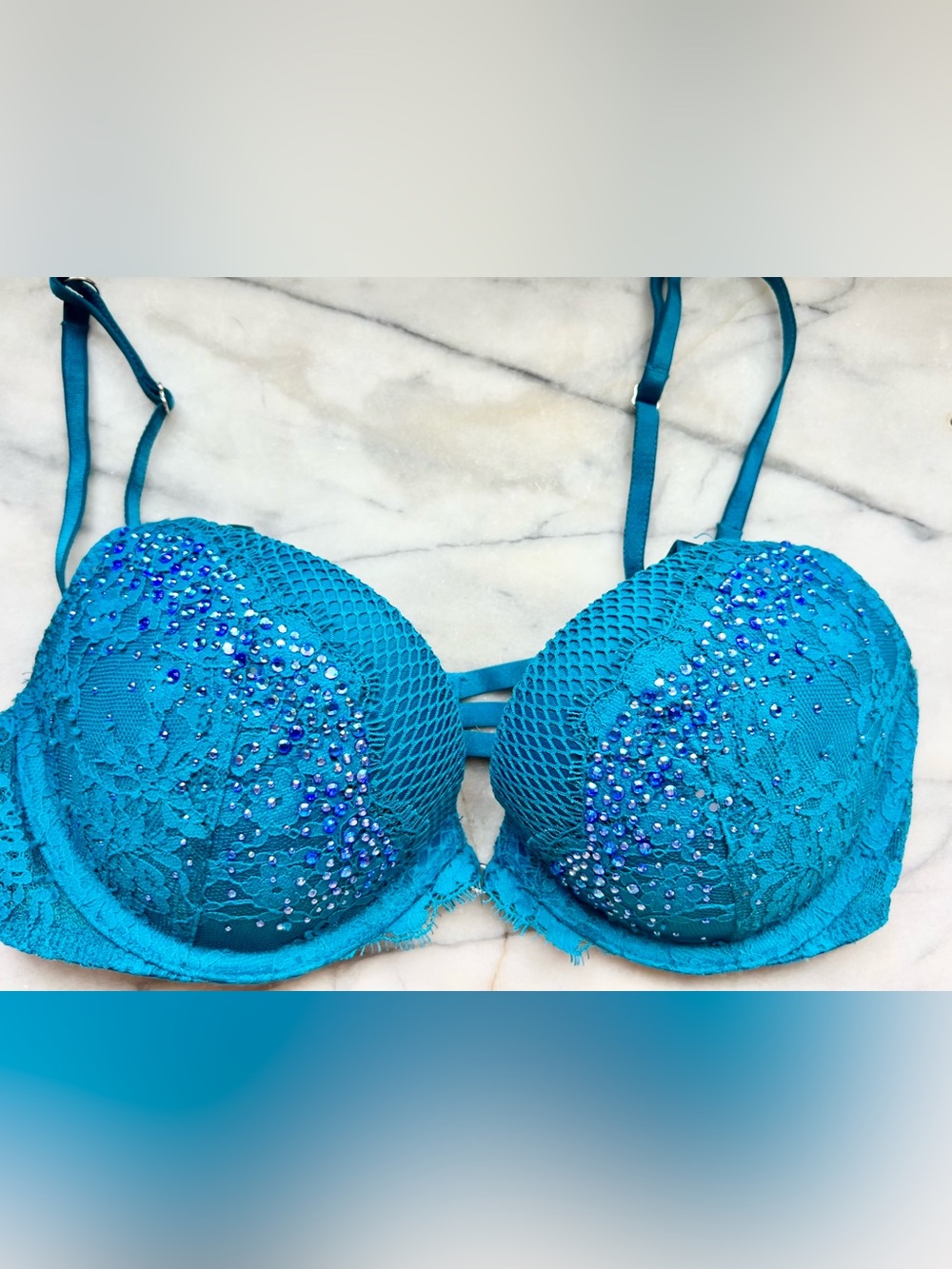Victoria’s Secret 32C Teal Rhinestone Embellished Push-Up Bra